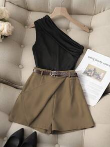 Franclia 休闲时尚百搭通勤高弹力纯黑色单肩百褶上衣配卡其色假口袋裙裤配腰带女士两件套