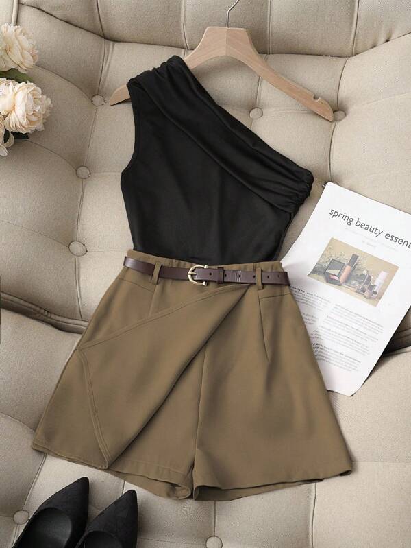 Franclia Casual Fashion All-Match Commuting High Elastic Pure Black One-Shoulder Pleated Top And Khaki Fake Pocket Skirt Pants With Belt Ladies Two Pieces Set