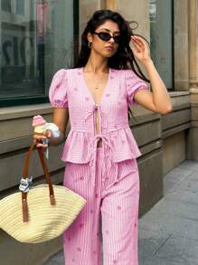 SHEIN Frenchy Set de 2 piezas de Mujer Verano Casual Top de manga abullonada a rayas y Pantalones