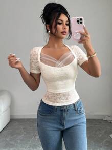 Elenzga Women Muscle Fabric Contrast Mesh Knit Short Sleeve T-Shirt - Apricot - View 5