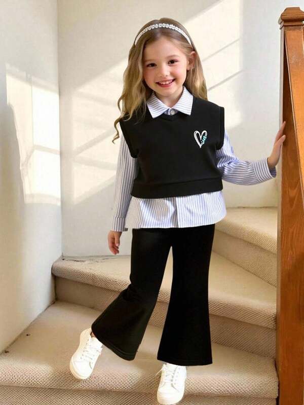 3 pièces/Set Jeune fille Chemise rayée décontractée + Débardeur à imprimé cœur + Pantalon, Tenue Automne/Hiver