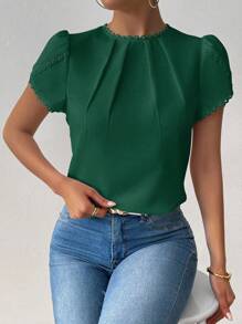 RosyDaze 女士休闲纯色蕾丝拼接荷叶边领口荷叶边袖衬衫，适合大学穿着