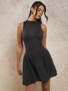 COSMINA Women's Solid Color Sleeveless Fringed Fitted Sheer Sweater Dress - Dark Grey - View 1