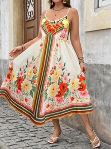SHEIN Clasi 大码女式夏季假日海滩波西米亚风格性感休闲彩色印花 V 领吊带 A 字中长连衣裙，可搭配开衫 - 彩色 - 查看 8