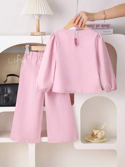 SHEIN Playful Pals 两件套女童时尚甜美可爱蝴蝶结装饰上衣+阔腿裤套装，春秋季女童裤装套装，女童春秋套装，喇叭裤套装，女童两件套秋冬装