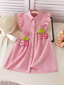 Vestido de verano de estilo campestre para niñas jóvenes con diseño de cuello sin mangas y decoración floral en color rosa - Rosa - Ver 4