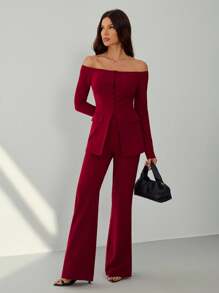 SHEIN Tall Women Plain Front Button Long Sleeve Off Shoulder Minimalist Top And Long Pants Suit Set In Fall/Winter