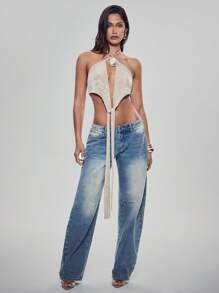 Denimoi Tie Front Cut Out Low Back Halter Top With Stone Necklace - Khaki - View 4