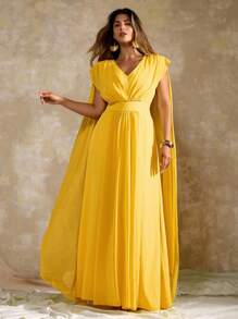 Roveilla 加大码 V 领雪纺镂空飘逸长裙，优雅正式晚礼服 - 黃色 - 查看 5