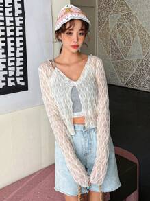 DAZY Solid Button Front Crop Top Without Cami Top Festival Sheer Long Sleeve Women Tops