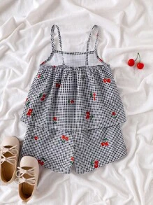 SHEIN Vintaside Kids Conjunto de 2 piezas de camisola y pantalones cortos con estampado de cereza a cuadros en negro y blanco para niña, transpirable y cómodo para el verano