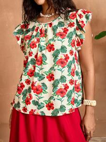 SHEIN VCAY 大码休闲度假风格热带印花盖袖波西米亚风衬衫 - 彩色 - 查看 5