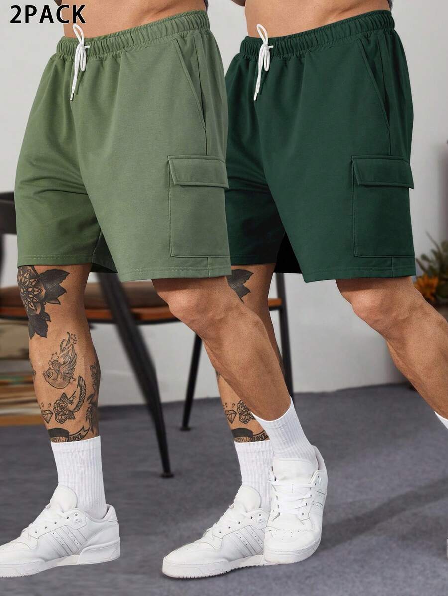 Manfinity Homme 2 件宽松男士翻盖口袋侧抽绳腰短裤 - 彩色 - 查看 1