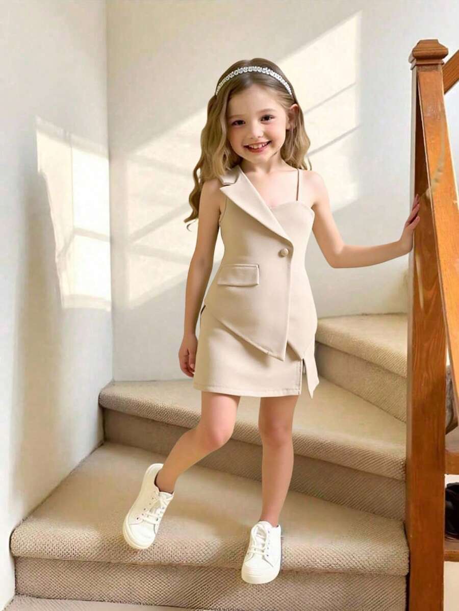 SHEIN Elladie kids 年轻女孩时尚不对称设计套装，优雅淑女风格米色两件套连衣裙