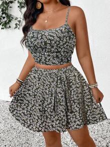 SHEIN Frenchy Bộ đồ 2 món họa tiết hoa xanh lá cây thường ngày mùa hè cỡ lớn, áo ba lỗ nữ + váy nữ, thích hợp cho kỳ nghỉ ở bãi biển, khu nghỉ dưỡng trên đảo - màu đen - Xem 4