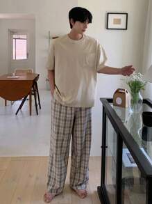 DAZY Men's Plaid Pants And T-Shirt Coordinate Home Set, Spring/Summer Pajama - Multicolor - View 3