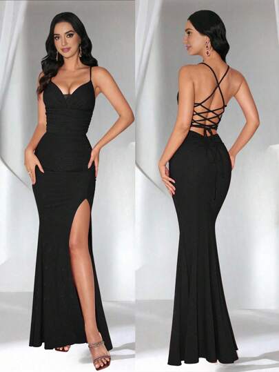 Coutiva Women's Solid Color Ruched Back Tie Up Side Slit Formal Sleeveless Evening Gown, Party Dress, For Wedding Guest, Elegant