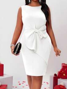 Fleurora 春夏秋冬优雅派对婚礼情人节酒会演唱会/音乐节白色针织圆领铅笔大蝴蝶结前蝴蝶结紧身连衣裙中长款短袖大码连衣裙新年派对优雅女装高档服装优雅连衣裙婚礼，女士正式礼服