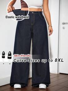 SHEIN CURVE+ Jeans di jeans casual a vita alta, con gamba larga e svasata, taglie comode per donne formose