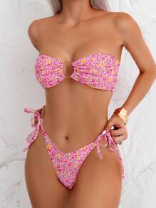 Conjunto de bikini de 2 piezas con estampado floral diminuto de estilo veraniego y corpiño sexy para mujer - Multicolor - Ver 5