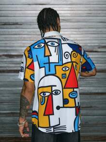 AXEPEAK Camicia a maniche corte da uomo con stampa di motivi geometrici e occhi, camicia casual urbana con bottoni e grafica