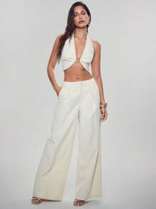 Denimoi Pantalon large décontracté plissé de couleur unie pour femmes