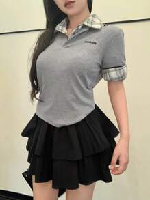 DAZY Women Summer Striped Webbing Contrast Patchwork Embroidered Letter Polo Shirt Short Sleeve T-Shirt Preppy Tops - Grey - View 6