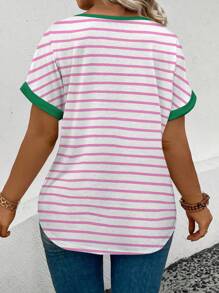 INAWLY Maglietta casual in taglie forti da donna, a maniche corte, con scollo rotondo, con stampa a righe, versatile, per primavera/estate