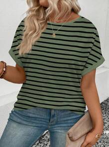 INAWLY Women's Round Neck Short Sleeve Striped Print Casual Versatile Plus Size T-Shirt, Spring/Summer - Green - View 6