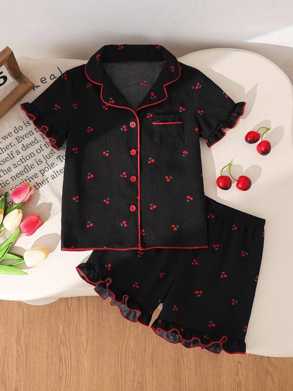 Ensemble pyjama pour jeunes filles, imprimé cerises avec bordure à volants, chemise à manches courtes et shorts élégants, 2 pièces