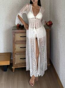 DAZY Bata larga de mujer de encaje transparente y romántica, estilo de pijama de resort de playa
