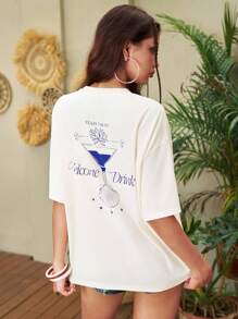 ROMWE The White Lotus 女士夏季休闲字母花卉印花圆领短袖T恤 - 米色 - 查看 3