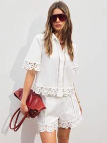ATUI Studio Women's Summer Vacation Beach Casual Boho White Crochet Stitching Linen Shorts,Summer For Women,Beach Vacation,Beach,Office For Women - White - View 4