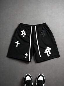 PAVTROS Men's Casual Cross Print Drawstring Waist Shorts, Summer Graphic
