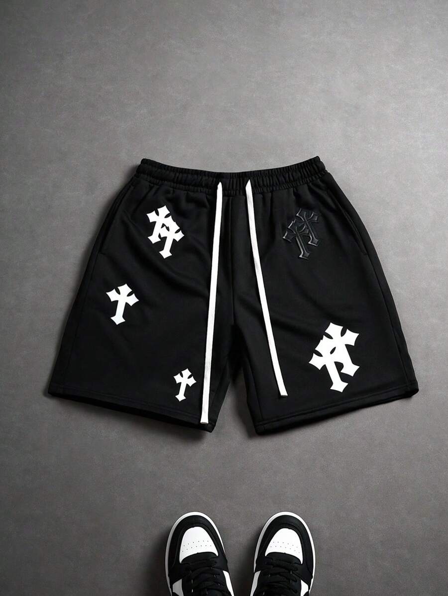 PAVTROS Men's Casual Cross Print Drawstring Waist Shorts, Summer Graphic