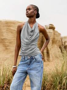 Lumivelle Áo hai dây xếp ly cổ tròn dành cho nữ, Xuân/Hè - Xám - Xem 5