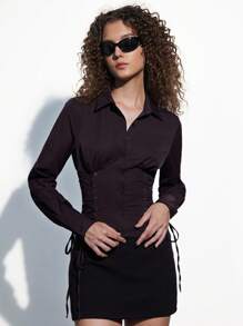 GENKIRA 立领系带鱼骨长袖女衬衫女夏装乡村音乐节沙滩度假教师俱乐部可爱 - 鏽棕色 - 查看 4