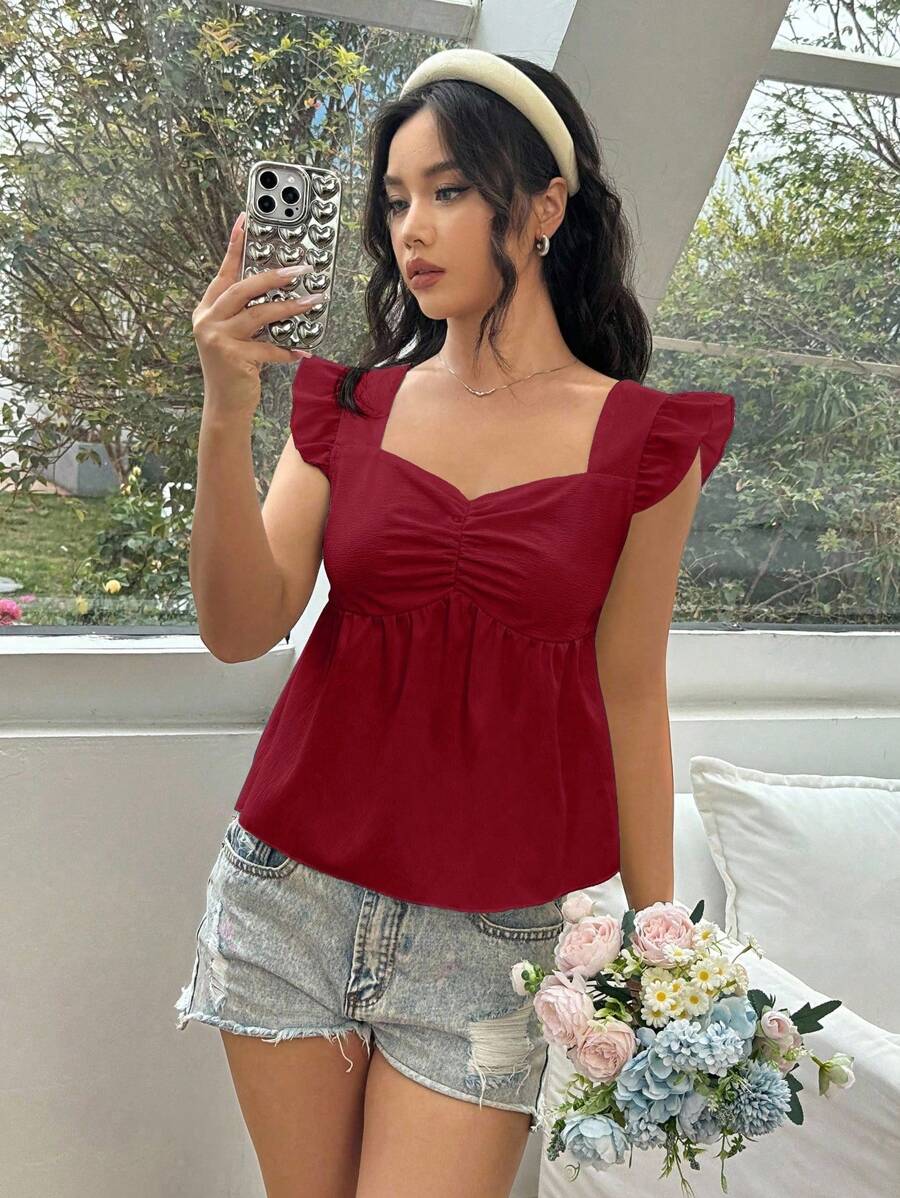 SHEIN Unity Solid Color Textured Shirt With Chest Ruching & Sweetheart Neckline Peplum Top - Burgundy - View 1