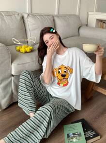 DAZY 女士两件套休闲狗狗印花条纹宽松短袖衬衫和裤子睡衣套装 - 白色 - 查看 5