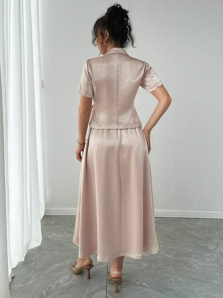 Women's Summer Turn-Down Collar Loose Short Sleeve Top And Flared Skirt Suit Business Attire