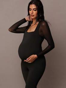 MaterniChic Autumn And Winter Maternity Solid Color Mesh Patchwork Slim Jumpsuit - Black - View 6