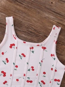 SHEIN Vintaside Kids Bộ 2 chiếc áo hai dây in họa tiết quả anh đào và quần short denim thêu cho bé gái tuổi mới lớn - Hồng - Xem 3