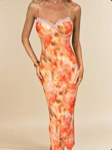 SHEIN BAE Robe maxi avec imprimé floral orange aux fleurs tie-dye avec ornement en dentelle, bretelles spaghetti, robe longue près du corps. Élégant pour femmes, vacances d'été, rendez-vous, soirée de demoiselle d'honneur, robe imprimée - Orange - Voir 8