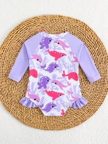 Baby Girls' Cute Cartoon Fish Print Long Sleeve Rash Guard One-Piece Swimsuit, Ideal For Resort & Beach Wear