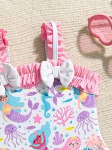 Baby Girl Marine Life Print One-Piece Swimsuit For Beach Vacation - Pink - View 3