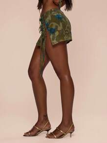 MUSERA Low Rise Tie Side Floral Mesh Mini Skirt Summer Cute Vacation Sexy Festival Elegant Party - Green - View 3