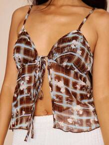 MUSERA 细肩带系带格纹花卉网纱宽松吊带背心，可爱度假性感节日优雅春夏款 - 彩色 - 查看 2