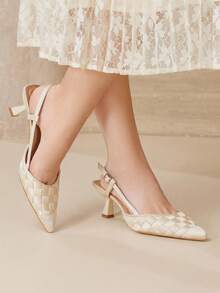 MOTF PREMIUM WOMEN'S POINTED-TOE WOVEN HIGH HEEL PUMPS, VERSATILE SPRING SHOES - Beige - View 3