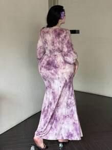 Vibekara Vestido elegante de cóctel para fiestas y eventos festivos con cuello en V, mangas de farol, cintura ceñida y bajo de cola de sirena para mujeres de talla grande