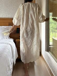 DAZY 波西米亚风格刺绣灯笼袖女式休闲连衣裙、Moo Moo 休闲连衣裙、秋季睡衣 - 米色 - 查看 2